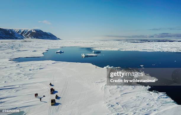 aerial view of a small expedition group on sleds at the ice floe edge looking out at the pack ice in northern baffin island. - artic stock pictures, royalty-free photos & images