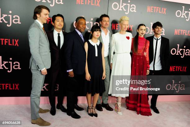 Paul Dano, Steven Yeun, Giancarlo Esposito, Ahn Seo-hyun, Brad Pitt, Tilda Swinton and Devon Bostick attend Netflix hosts the New York Premiere of...