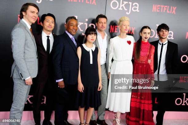 Paul Dano, Steven Yeun, Giancarlo Esposito, Ahn Seo-hyun, Brad Pitt, Tilda Swinton and Devon Bostick attend Netflix hosts the New York Premiere of...