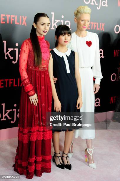 Lily Collins, Ahn Seo-hyun and Tilda Swinton attend Netflix hosts the New York Premiere of "Okja" at AMC Lincoln Square Theater on June 8, 2017 in...