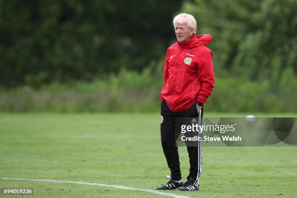 Gordon Strachan the Scotland manager watches over his players during the Scotland training session at Mar Hall on June 9, 2017 in Glasgow, Scotland.