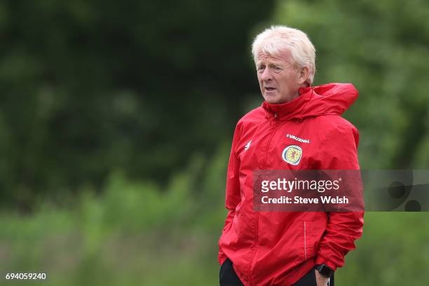 Gordon Strachan the Scotland manager watches over his players during the Scotland training session at Mar Hall on June 9, 2017 in Glasgow, Scotland.