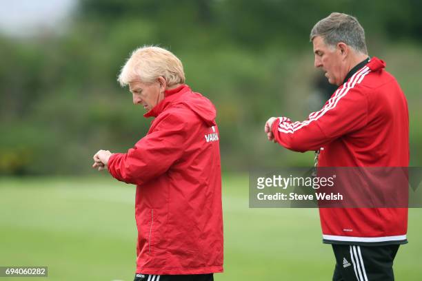 Gordon Strachan the Scotland manager and Mark McGhee the Scotland assistant manager watch over their players during the Scotland training session at...
