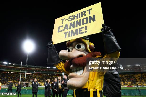 Team mascot Captain Hurricane of the Hurricanes entertains during the round 16 Super Rugby match between the Hurricanes and the Chiefs at Westpac...