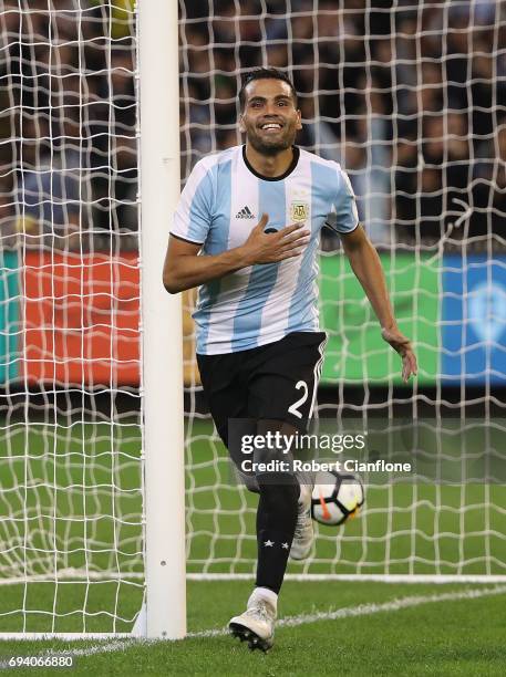 Gabriel Mercado of Argentina celebrates after scoring a goal during the Brazil Global Tour match between Brazil and Argentina at Melbourne Cricket...