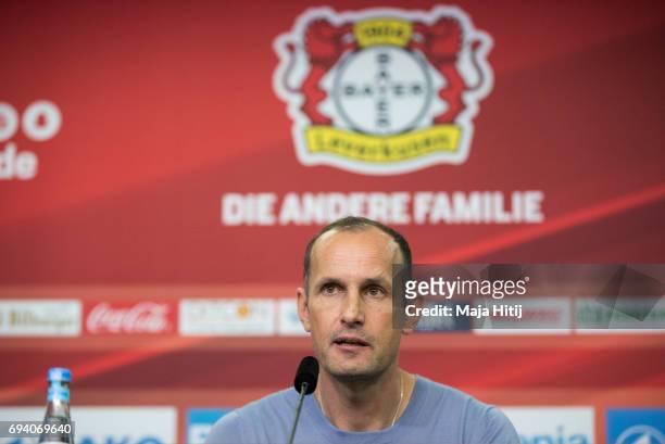 The newly appointed head coach of Bayer Leverkusen Heiko Herrlich speaks during a press conference at BayArena on June 9, 2017 in Leverkusen, Germany.