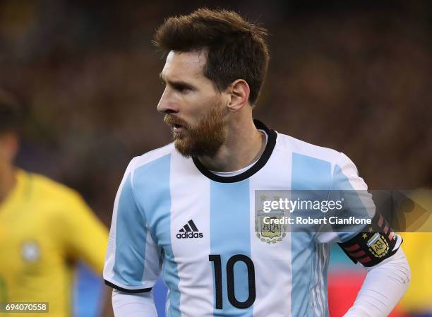 Lionel Messi of Argentina looks on during the Brazil Global Tour match between Brazil and Argentina at Melbourne Cricket Ground on June 9, 2017 in...