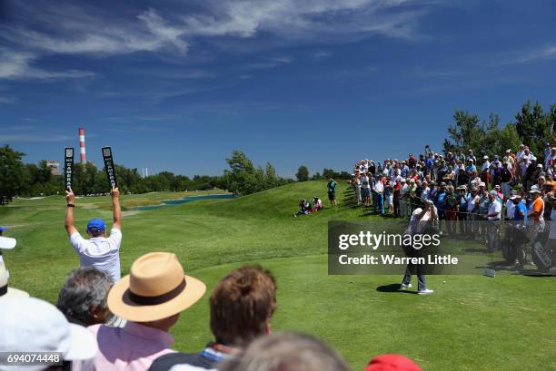 Bernd Wiesberger of Austria tees off on the first hole during the second round of the Lyoness Open at Diamond Country Club on June 9, 2017 in...