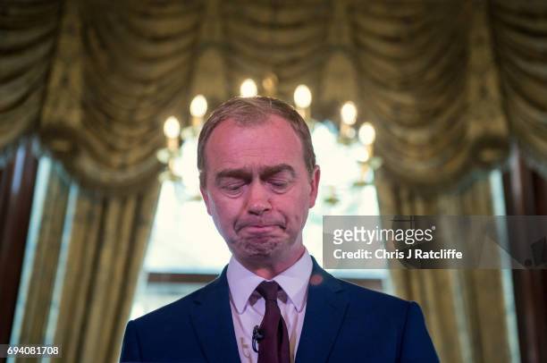 Liberal Democrat Party leader Tim Farron speaks to suporters and the press at 1 Whitehall Place on June 9, 2017 in London, England. After a snap...