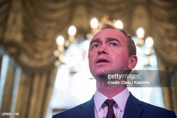 Liberal Democrat Party leader Tim Farron speaks to suporters and the press at 1 Whitehall Place on June 9, 2017 in London, England. After a snap...