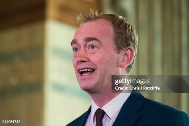 Liberal Democrat Party leader Tim Farron speaks to suporters and the press at 1 Whitehall Place on June 9, 2017 in London, England. After a snap...