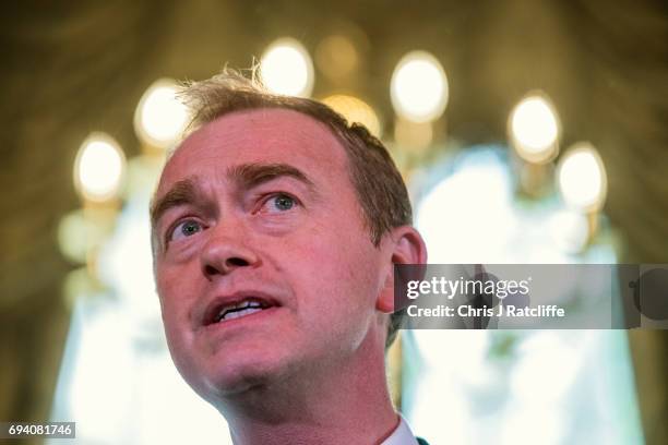 Liberal Democrat Party leader Tim Farron speaks to suporters and the press at 1 Whitehall Place on June 9, 2017 in London, England. After a snap...