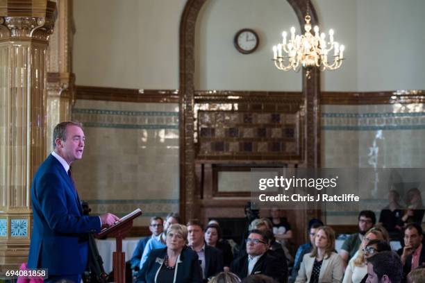 Liberal Democrat Party leader Tim Farron speaks to suporters and the press at 1 Whitehall Place on June 9, 2017 in London, England. After a snap...