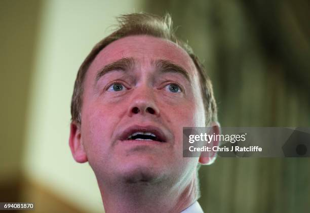 Liberal Democrat Party leader Tim Farron speaks to suporters and the press at 1 Whitehall Place on June 9, 2017 in London, England. After a snap...