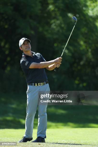 Felipe Aguilar of Chine chips into the 16th green during the second round of the Lyoness Open at Diamond Country Club on June 9, 2017 in Atzenbrugg,...