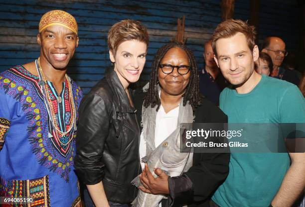 Rodney Hicks, Jenn Colella, Whoopi Goldberg and Chad Kimball pose backstage at the hit musical "Come From Away" on Broadway at The Schoenfeld Theatre...