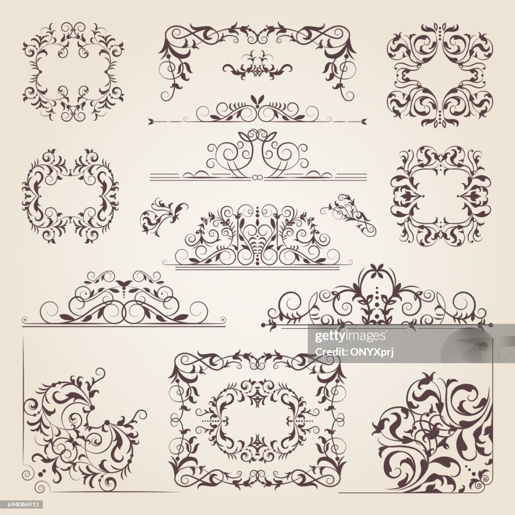 Vintage old banners, swirls, corners and different borders. Vector decorative frames. Design elements for your project