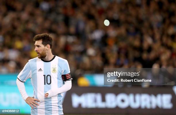 Lionel Messi of Argentina looks on during the Brazil Global Tour match between Brazil and Argentina at Melbourne Cricket Ground on June 9, 2017 in...