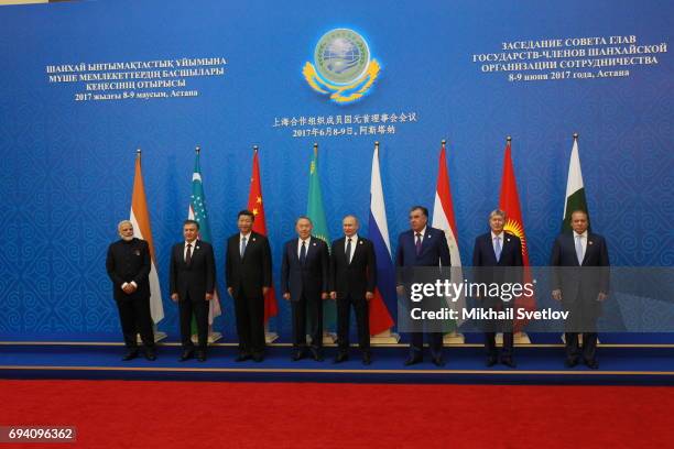 Indian Prime Minister Narendra Modi, Uzbek President Shavkat Mirziyoyev, Chinese President Xi Jinping, Kazakh President Nursultan Nazarbayev, Russian...