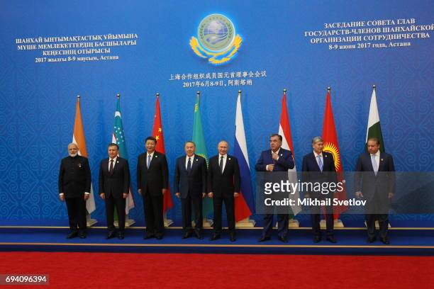 Indian Prime Minister Narendra Modi, Uzbek President Shavkat Mirziyoyev, Chinese President Xi Jinping, Kazakh President Nursultan Nazarbayev, Russian...