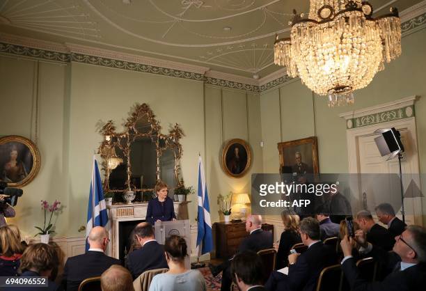 Scotland's First Minister, and leader of the Scottish National Party Nicola Sturgeon, speaks during a press conference at Bute House in Edinburgh on...
