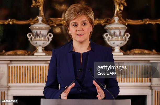 Scotland's First Minister, and leader of the Scottish National Party Nicola Sturgeon, speaks during a press conference at Bute House in Edinburgh on...