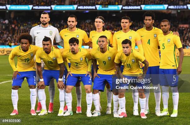 Brazil pose during the Brazil Global Tour match between Brazil and Argentina at Melbourne Cricket Ground on June 9, 2017 in Melbourne, Australia.