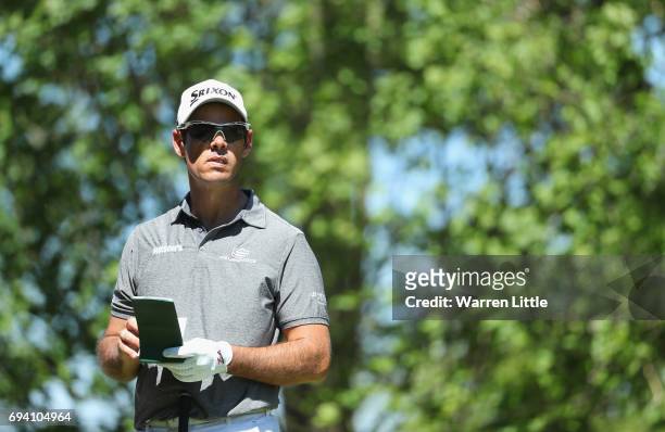 Jaco Van Zyl of South Africa prepares to tee off on the 9th hole during day two of the Lyoness Open at Diamond Country Club on June 9, 2017 in...