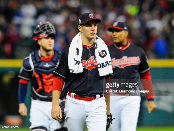 Pitcher Trevor Bauer of the Cleveland Indians walks toward the dugout prior to Game 2 of the World Series on October 26, 2016 against the Chicago...