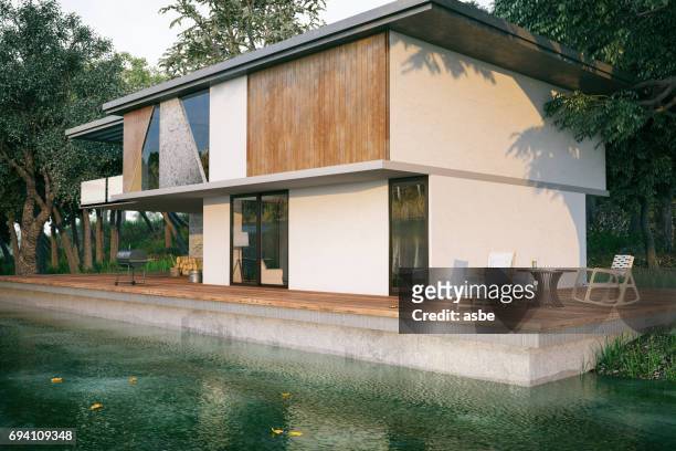 modern lake house - swimming pool hill stock pictures, royalty-free photos & images