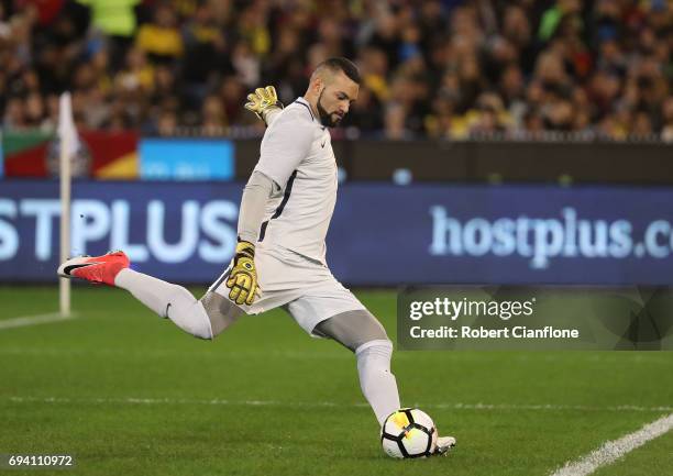 Brazilian goalkeeper Weverton Pereira da Silva kicks the ball during the Brazil Global Tour match between Brazil and Argentina at Melbourne Cricket...