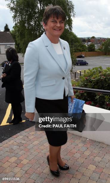 Democratic Unionist Party leader, and former Northern Ireland First Minister, Arlene Foster, reacts as she arrives at the Stormont Hotel in Belfast,...