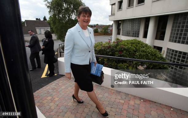 Democratic Unionist Party leader, and former Northern Ireland First Minister, Arlene Foster, reacts as she arrives at the Stormont Hotel in Belfast,...
