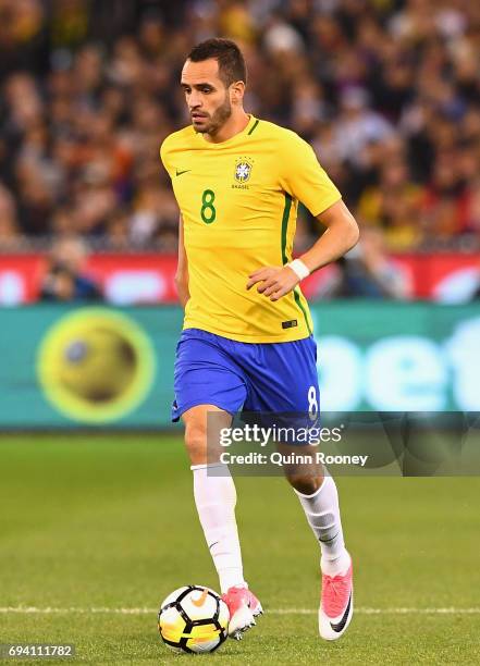 Renato Augusto of Brazil passes the ball during the Brazil Global Tour match between Brazil and Argentina at Melbourne Cricket Ground on June 9, 2017...