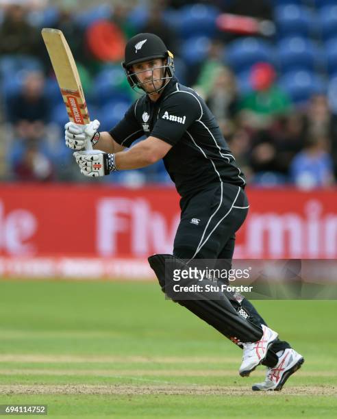 New Zealand batsman Neil Broom hits out during the ICC Champions Trophy match between New Zealand and Bangladesh at SWALEC Stadium on June 9, 2017 in...