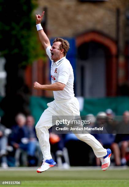 Neil Wagner of Essex celebrates dismissing v of Surrey during the Specsavers County Championship Division One match between Surrey and Essex at...