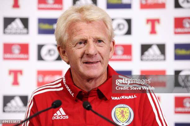 Gordon Strachan the Scotland manager speaks to the media during the Scotland Press Conference at Hampden Park on June 9, 2017 in Glasgow, Scotland.