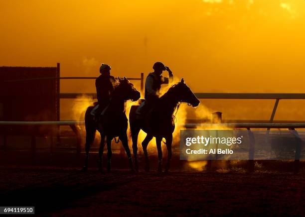 Thoroughbreds and Exercise Riders train at sunrise prior to the 149th running of the Belmont Stakes at Belmont Park at Belmont Park on June 9, 2017...