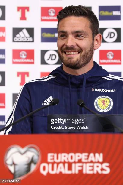 Goalkeeper Craig Gordon of Scotland speaks to the media during the Scotland Press Conference at Hampden Park on June 9, 2017 in Glasgow, Scotland.
