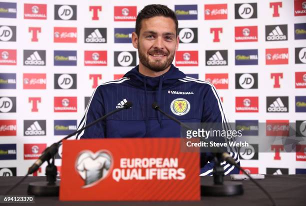 Goalkeeper Craig Gordon of Scotland speaks to the media during the Scotland Press Conference at Hampden Park on June 9, 2017 in Glasgow, Scotland.