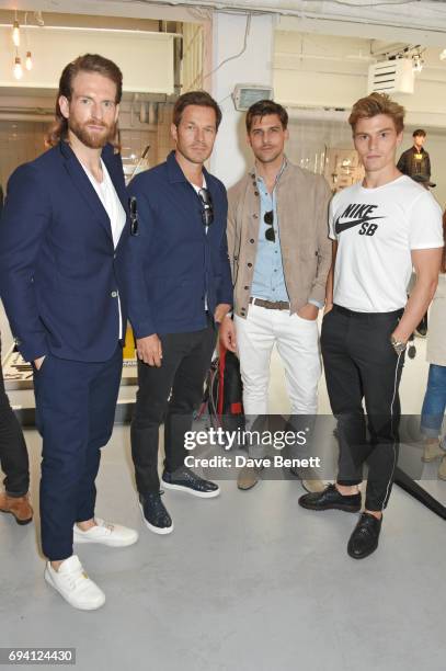 Craig McGinlay, Paul Sculfor, Johannes Huebl and Oliver Cheshire attend the Barbour International presentation during the London Fashion Week Men's...