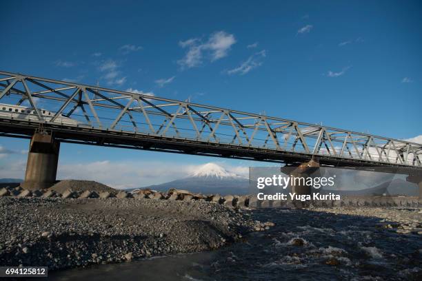 mt. fuji and a shinkansen bullet train - n700s stock pictures, royalty-free photos & images