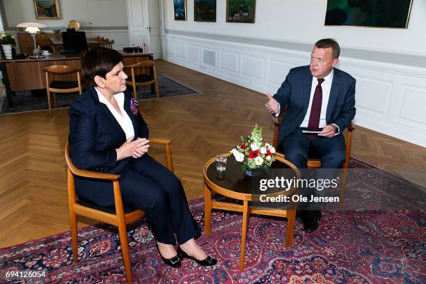 Prime Minister of Poland Beata Szydlo and Danish Prime Minister Lars Loekke Rasmussen at a tête-à-tête in the Danish Prime Minister's Office at...