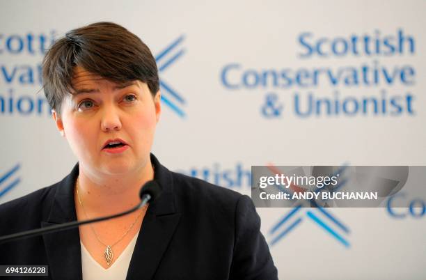 Scottish Conservatives leader Ruth Davidson speaks during a press conference in Edinburgh on June 9 following the results of the snap general...