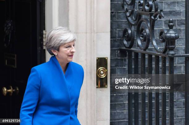 British Prime Minister Theresa May announces the results of the General Election in front of 10 Downing Street on June 09, 2017 in London, England....