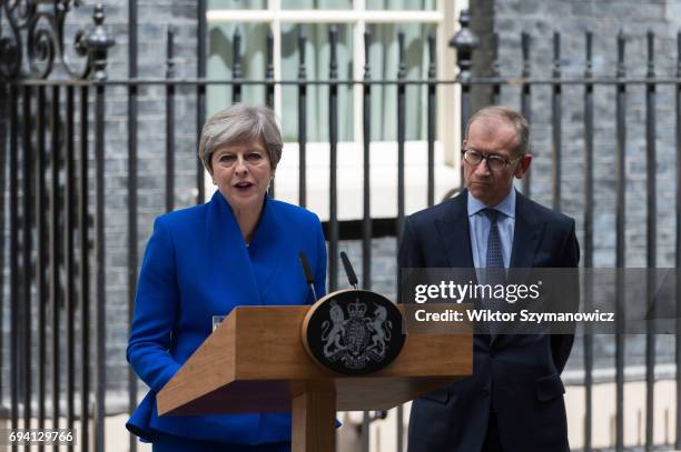 British Prime Minister Theresa May announces the results of the General Election in front of 10 Downing Street on June 09, 2017 in London, England....