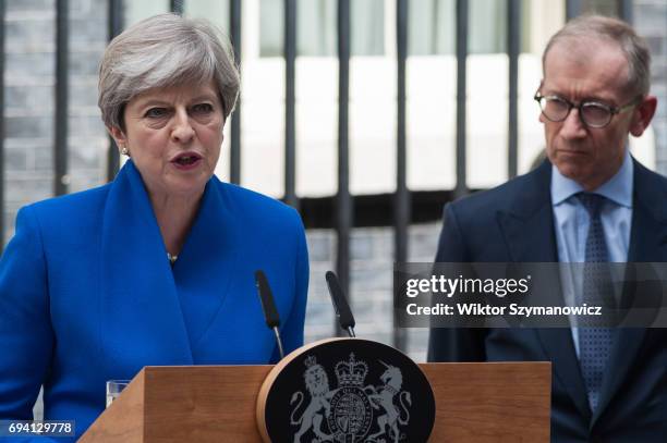 British Prime Minister Theresa May announces the results of the General Election in front of 10 Downing Street on June 09, 2017 in London, England....