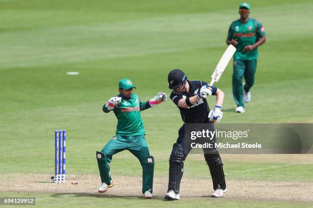 Jimmy Neesham of New Zealand shows his frustration after being stumped by Mushfiqur Rahim off the bowling of Mosaddek Hossain during the ICC...