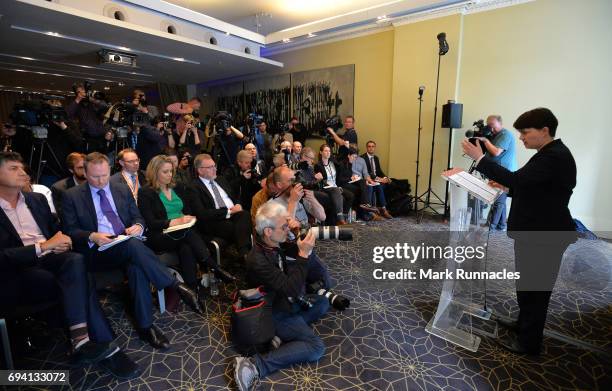 Scottish Conservative Leader Ruth Davidson speaks at a press conference after the Conservative party gained 12 seats in Scotland during the UK...