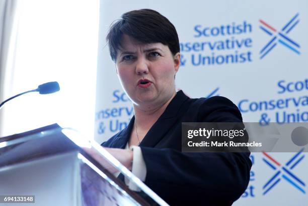 Scottish Conservative Leader Ruth Davidson speaks at a press conference after the Conservative party gained 12 seats in Scotland during the UK...